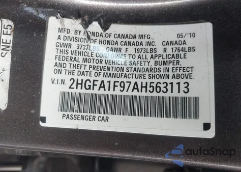 2010 Honda Civic Ex-L from USA, damaged, VIN 2HGFA1F97AH563113